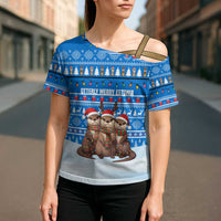 Estonia Christmas Cross Shoulder Shirt with Santa Otters Lights Snowflakes and National Emblem on Blue Pattern - Wonder Print Shop
