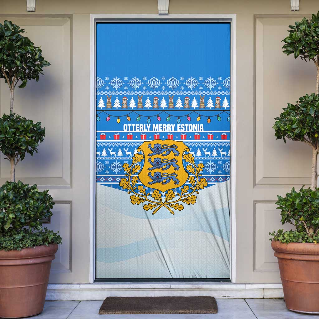 Estonia Christmas Door Cover with Santa Otters Lights Snowflakes and National Emblem on Blue Pattern - Wonder Print Shop