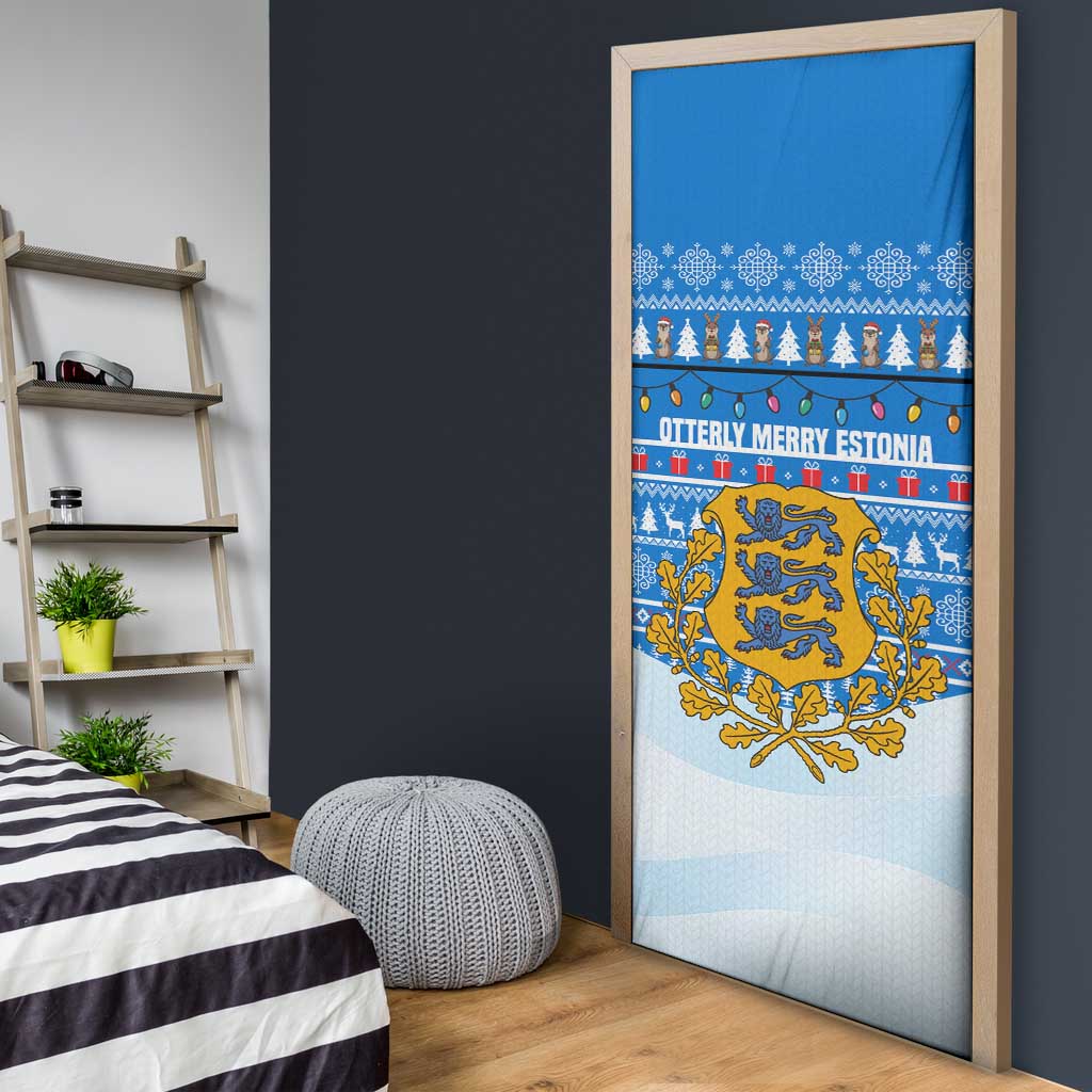 Estonia Christmas Door Cover with Santa Otters Lights Snowflakes and National Emblem on Blue Pattern - Wonder Print Shop