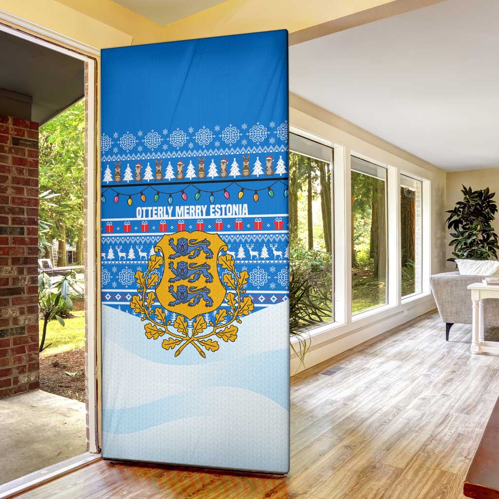 Estonia Christmas Door Cover with Santa Otters Lights Snowflakes and National Emblem on Blue Pattern - Wonder Print Shop