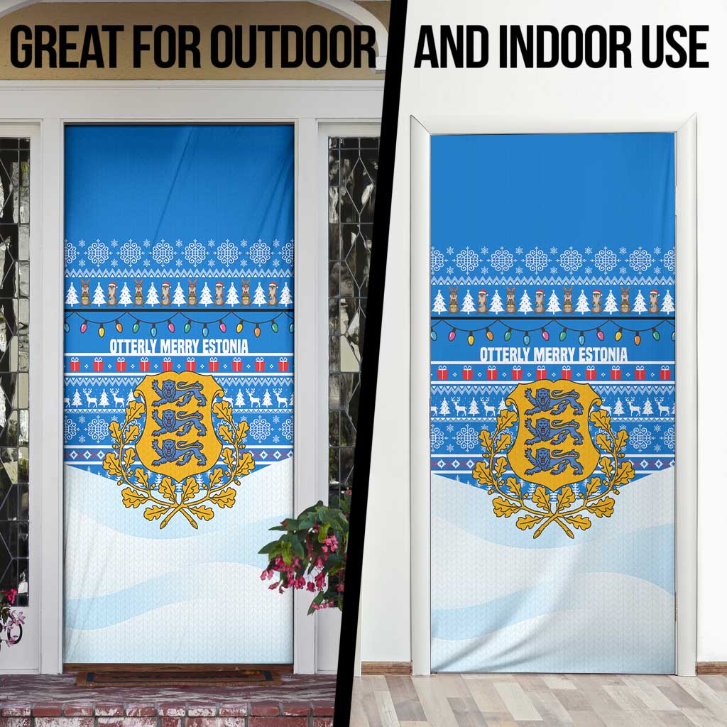 Estonia Christmas Door Cover with Santa Otters Lights Snowflakes and National Emblem on Blue Pattern - Wonder Print Shop