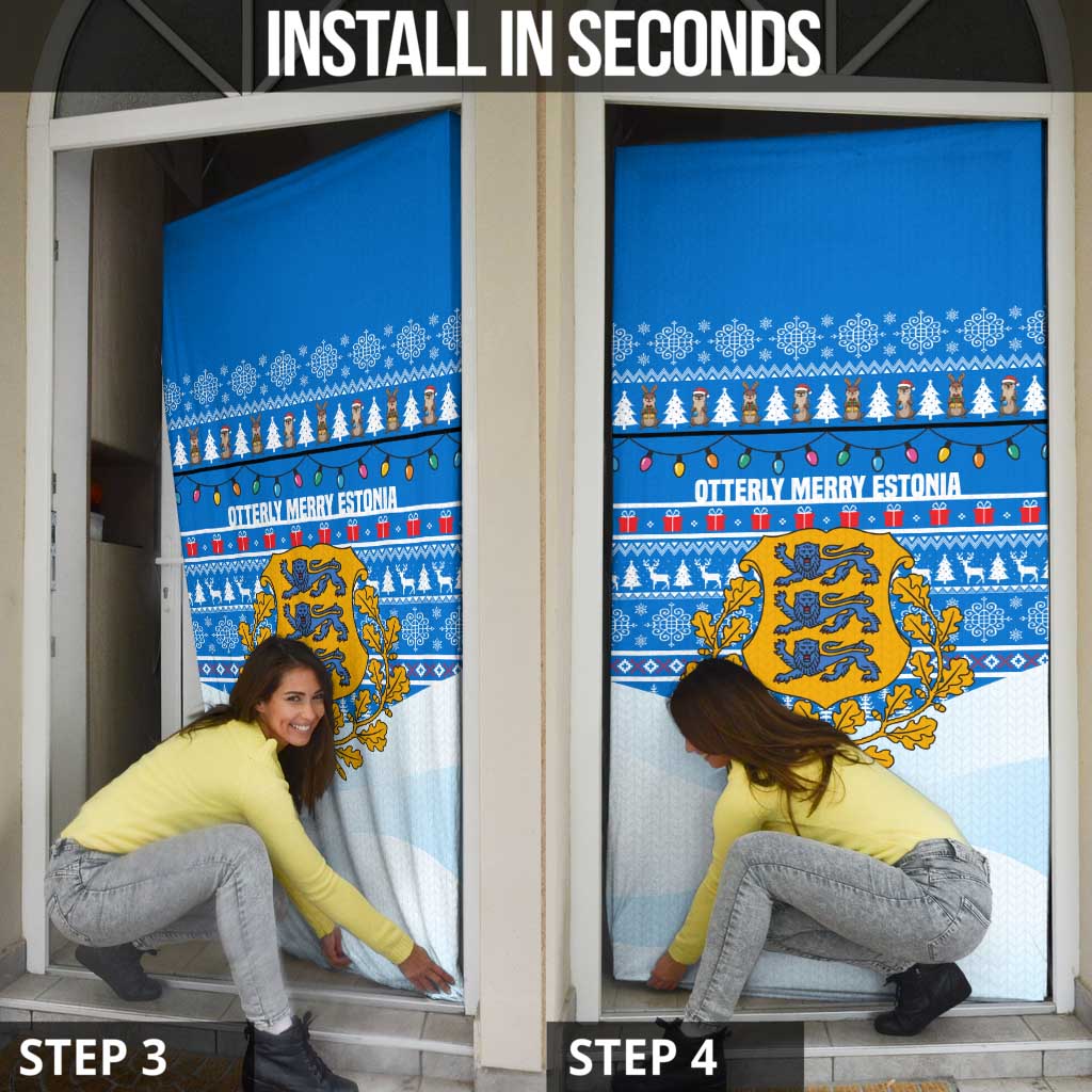Estonia Christmas Door Cover with Santa Otters Lights Snowflakes and National Emblem on Blue Pattern - Wonder Print Shop