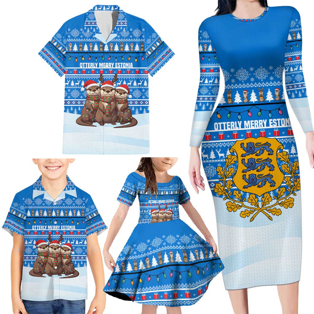 Estonia Christmas Family Matching Long Sleeve Bodycon Dress and Hawaiian Shirt with Santa Otters Lights Snowflakes and National Emblem on Blue Pattern - Wonder Print Shop