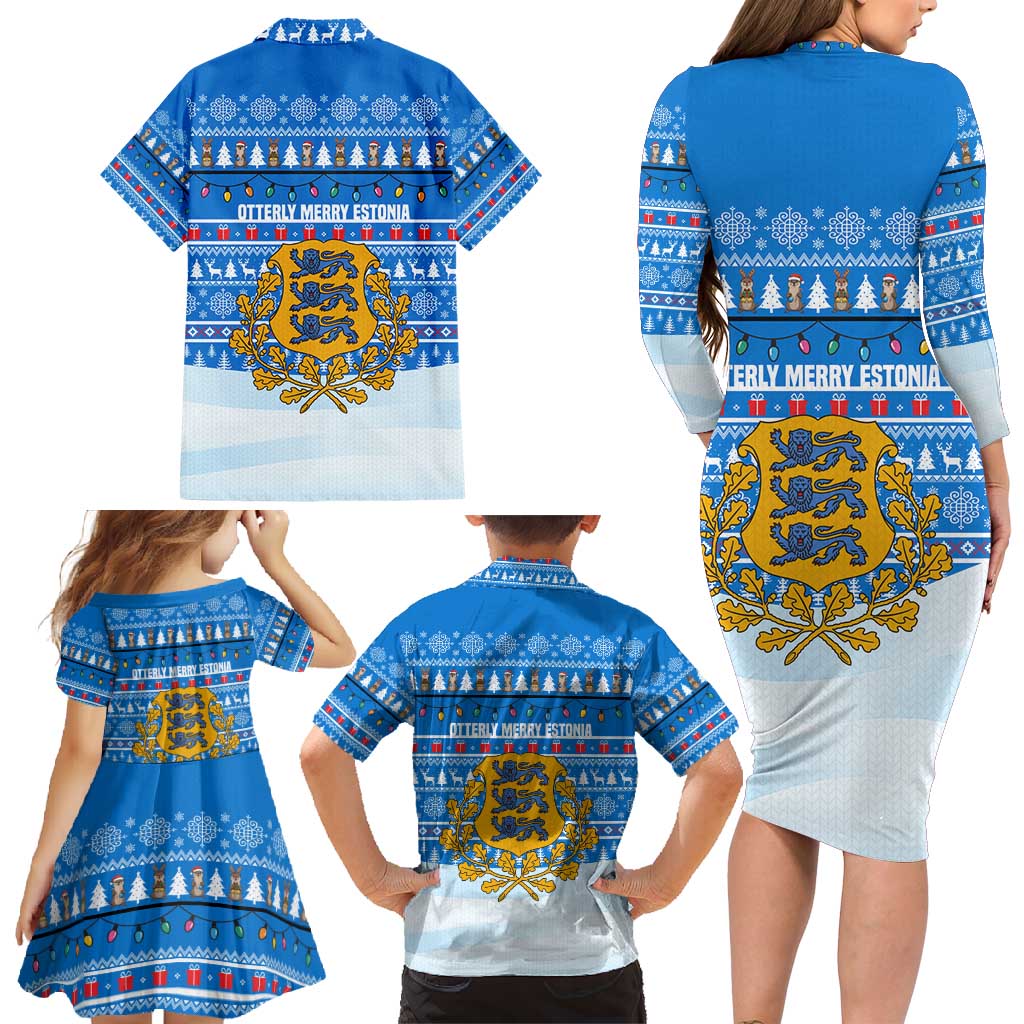 Estonia Christmas Family Matching Long Sleeve Bodycon Dress and Hawaiian Shirt with Santa Otters Lights Snowflakes and National Emblem on Blue Pattern - Wonder Print Shop