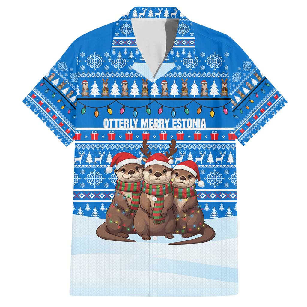 Estonia Christmas Family Matching Long Sleeve Bodycon Dress and Hawaiian Shirt with Santa Otters Lights Snowflakes and National Emblem on Blue Pattern - Wonder Print Shop
