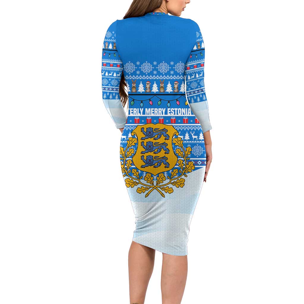 Estonia Christmas Family Matching Long Sleeve Bodycon Dress and Hawaiian Shirt with Santa Otters Lights Snowflakes and National Emblem on Blue Pattern - Wonder Print Shop