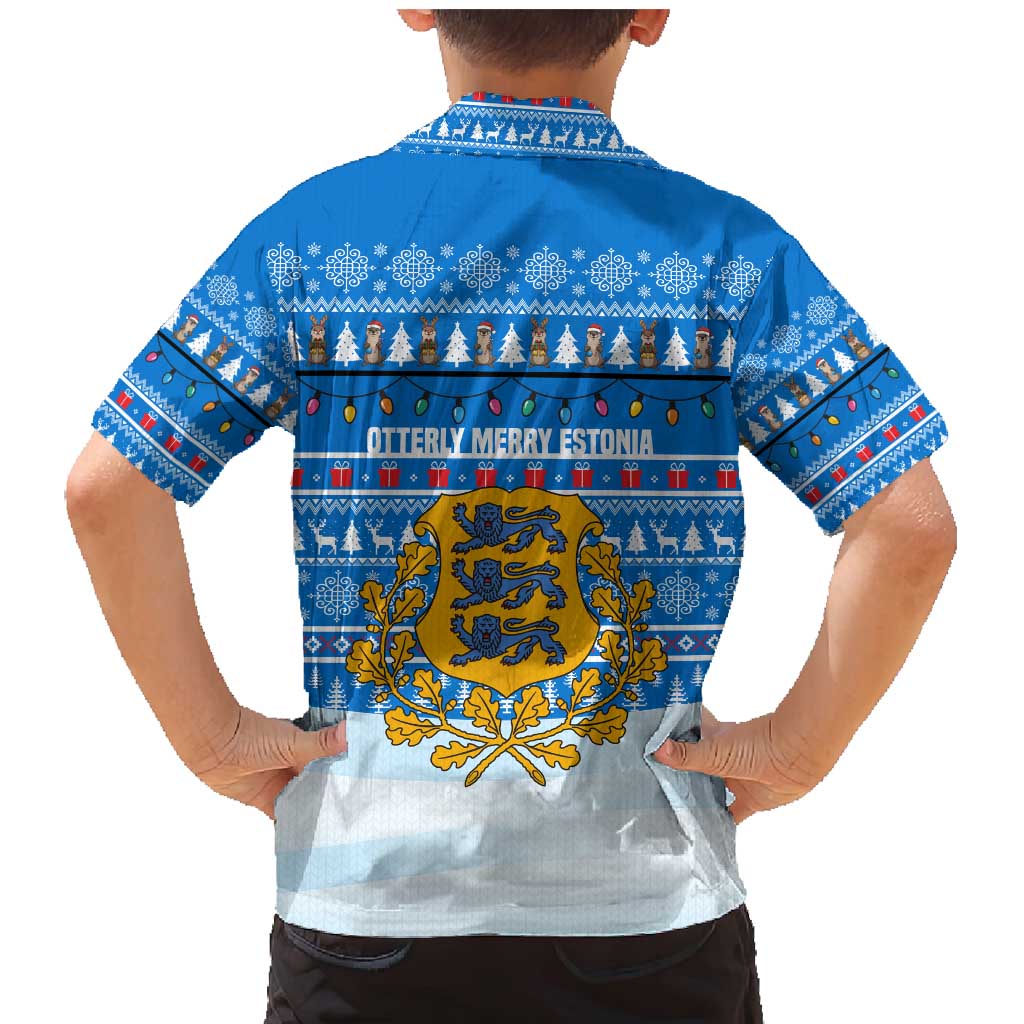Estonia Christmas Family Matching Mermaid Dress and Hawaiian Shirt with Santa Otters Lights Snowflakes and National Emblem on Blue Pattern - Wonder Print Shop