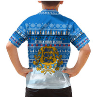 Estonia Christmas Family Matching Mermaid Dress and Hawaiian Shirt with Santa Otters Lights Snowflakes and National Emblem on Blue Pattern - Wonder Print Shop