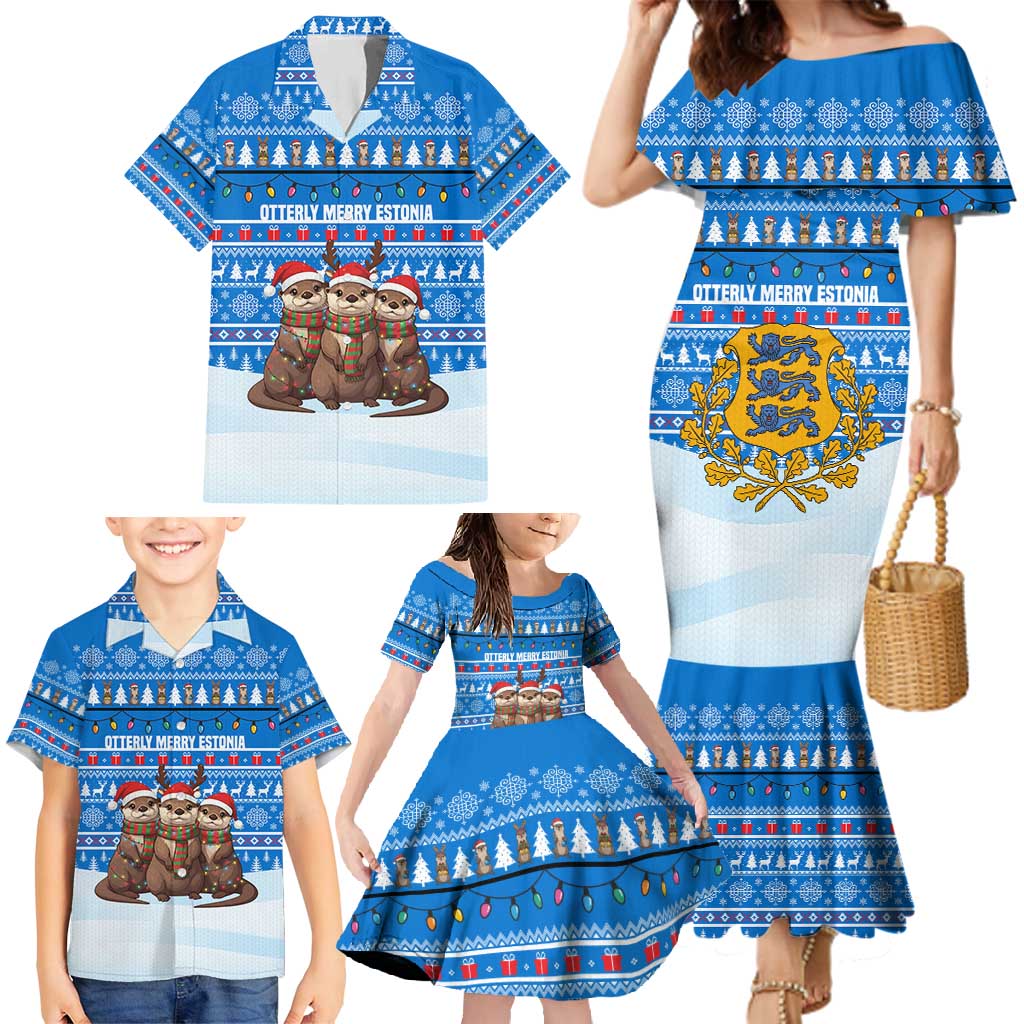 Estonia Christmas Family Matching Mermaid Dress and Hawaiian Shirt with Santa Otters Lights Snowflakes and National Emblem on Blue Pattern - Wonder Print Shop