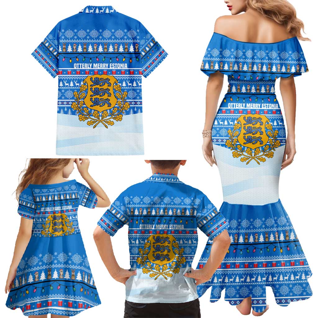 Estonia Christmas Family Matching Mermaid Dress and Hawaiian Shirt with Santa Otters Lights Snowflakes and National Emblem on Blue Pattern - Wonder Print Shop