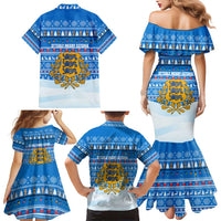 Estonia Christmas Family Matching Mermaid Dress and Hawaiian Shirt with Santa Otters Lights Snowflakes and National Emblem on Blue Pattern - Wonder Print Shop