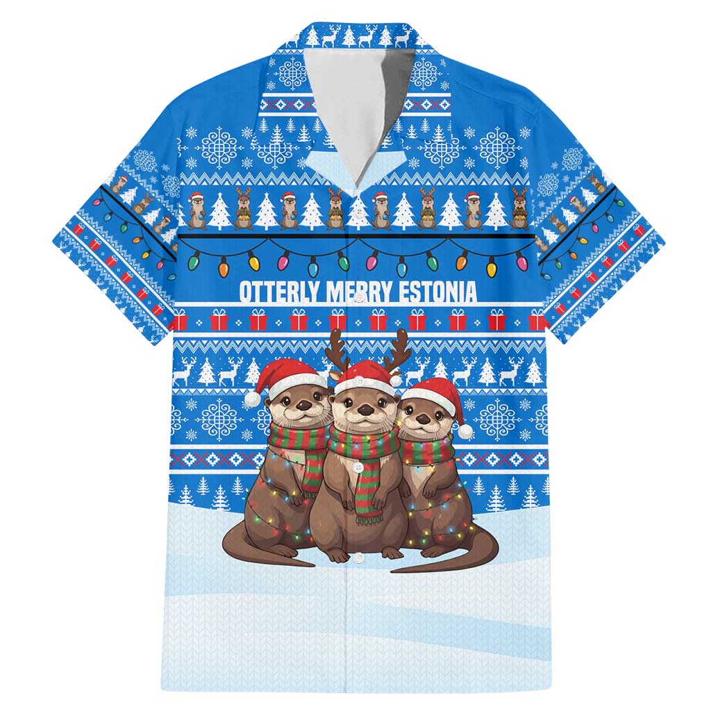 Estonia Christmas Family Matching Mermaid Dress and Hawaiian Shirt with Santa Otters Lights Snowflakes and National Emblem on Blue Pattern - Wonder Print Shop