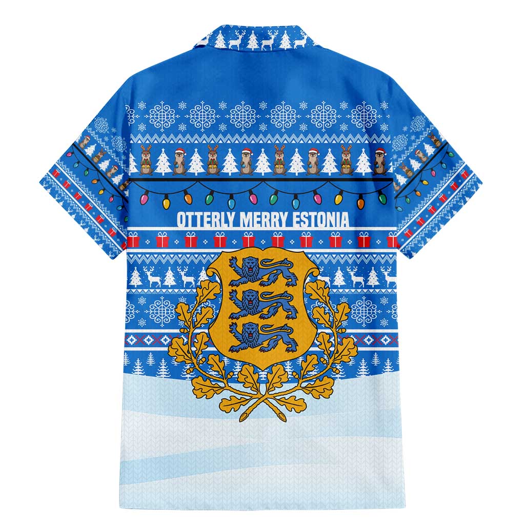 Estonia Christmas Family Matching Mermaid Dress and Hawaiian Shirt with Santa Otters Lights Snowflakes and National Emblem on Blue Pattern - Wonder Print Shop