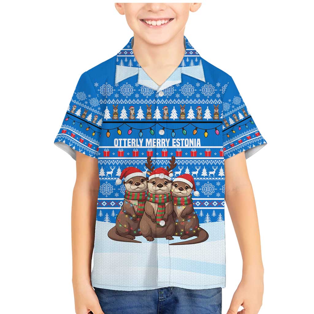 Estonia Christmas Family Matching Mermaid Dress and Hawaiian Shirt with Santa Otters Lights Snowflakes and National Emblem on Blue Pattern - Wonder Print Shop