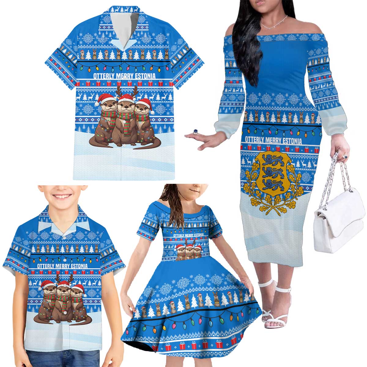 Estonia Christmas Family Matching Off The Shoulder Long Sleeve Dress and Hawaiian Shirt with Santa Otters Lights Snowflakes and National Emblem on Blue Pattern - Wonder Print Shop