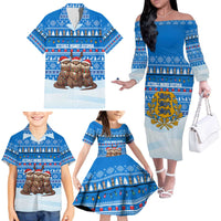 Estonia Christmas Family Matching Off The Shoulder Long Sleeve Dress and Hawaiian Shirt with Santa Otters Lights Snowflakes and National Emblem on Blue Pattern - Wonder Print Shop
