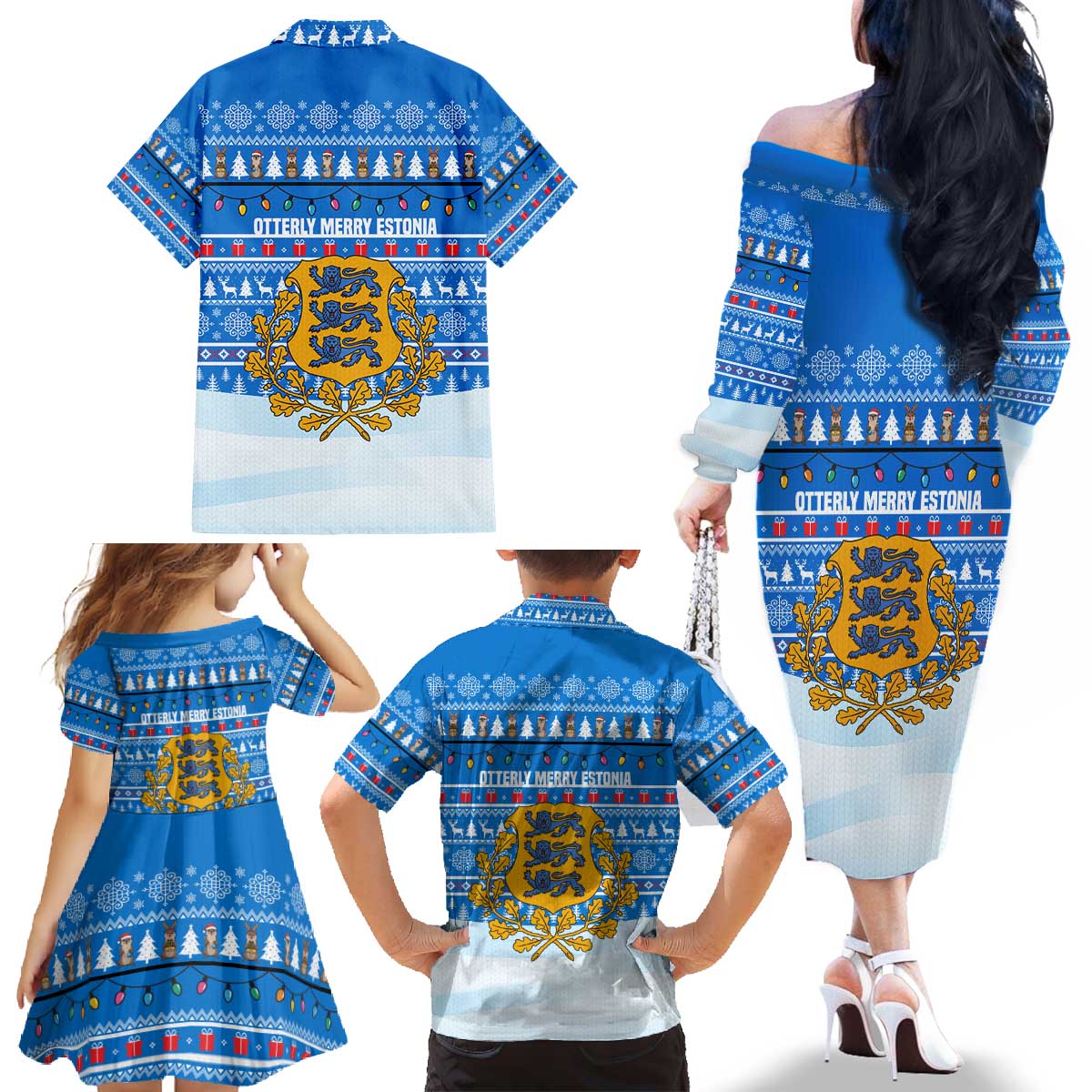 Estonia Christmas Family Matching Off The Shoulder Long Sleeve Dress and Hawaiian Shirt with Santa Otters Lights Snowflakes and National Emblem on Blue Pattern - Wonder Print Shop