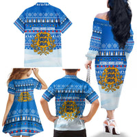 Estonia Christmas Family Matching Off The Shoulder Long Sleeve Dress and Hawaiian Shirt with Santa Otters Lights Snowflakes and National Emblem on Blue Pattern - Wonder Print Shop