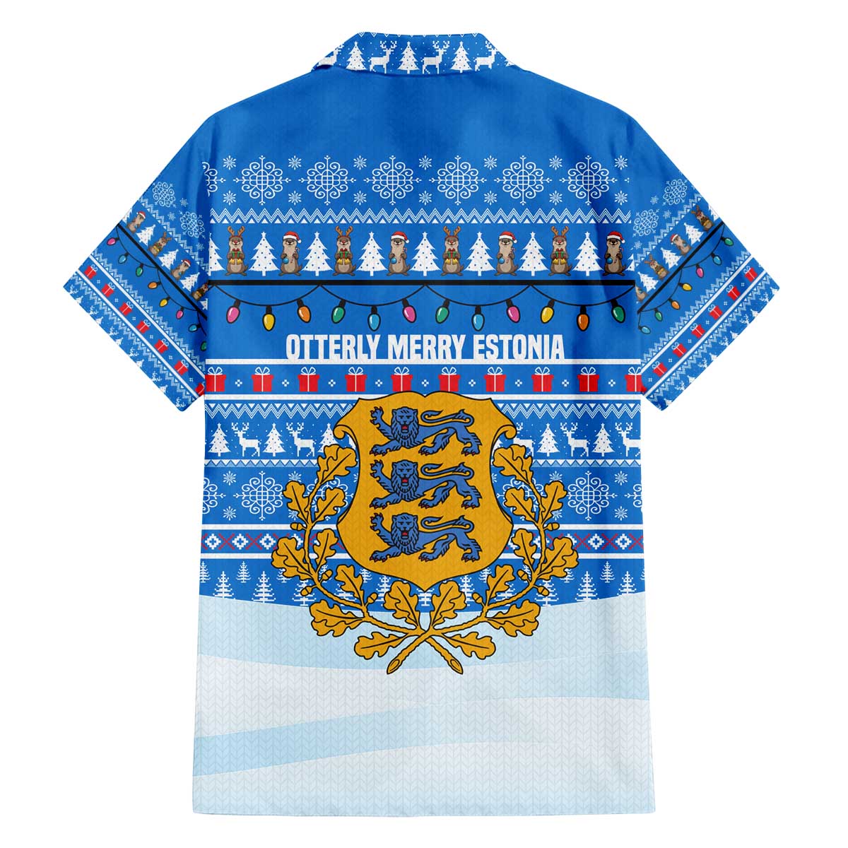 Estonia Christmas Family Matching Off The Shoulder Long Sleeve Dress and Hawaiian Shirt with Santa Otters Lights Snowflakes and National Emblem on Blue Pattern - Wonder Print Shop