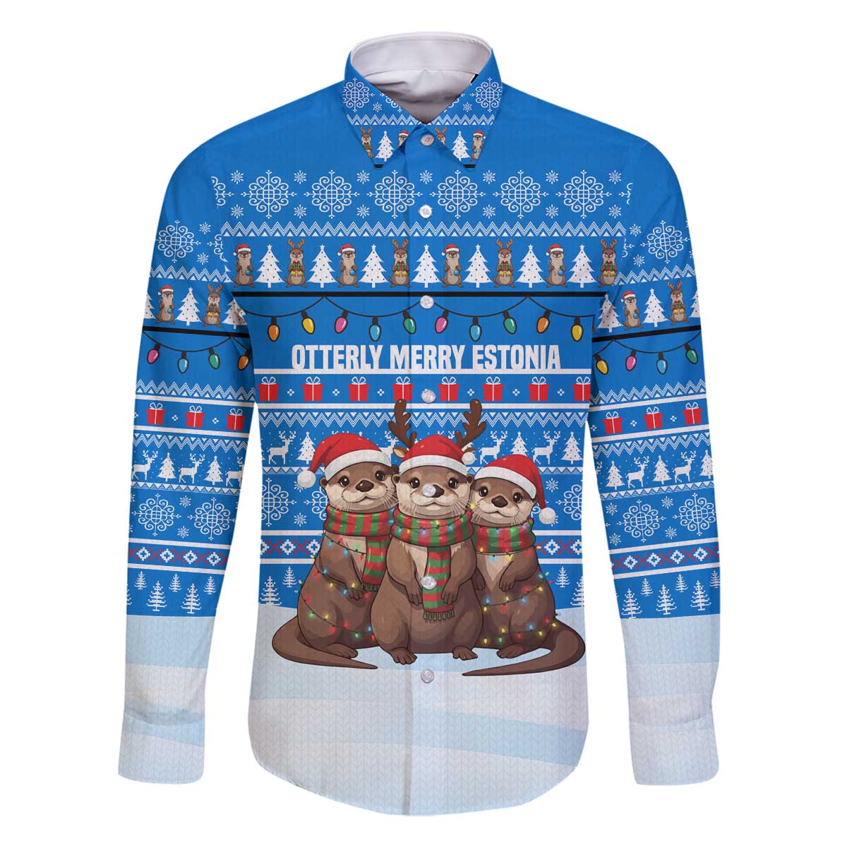 Estonia Christmas Family Matching Off The Shoulder Long Sleeve Dress and Hawaiian Shirt with Santa Otters Lights Snowflakes and National Emblem on Blue Pattern - Wonder Print Shop