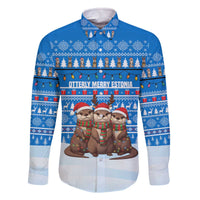 Estonia Christmas Family Matching Off The Shoulder Long Sleeve Dress and Hawaiian Shirt with Santa Otters Lights Snowflakes and National Emblem on Blue Pattern - Wonder Print Shop