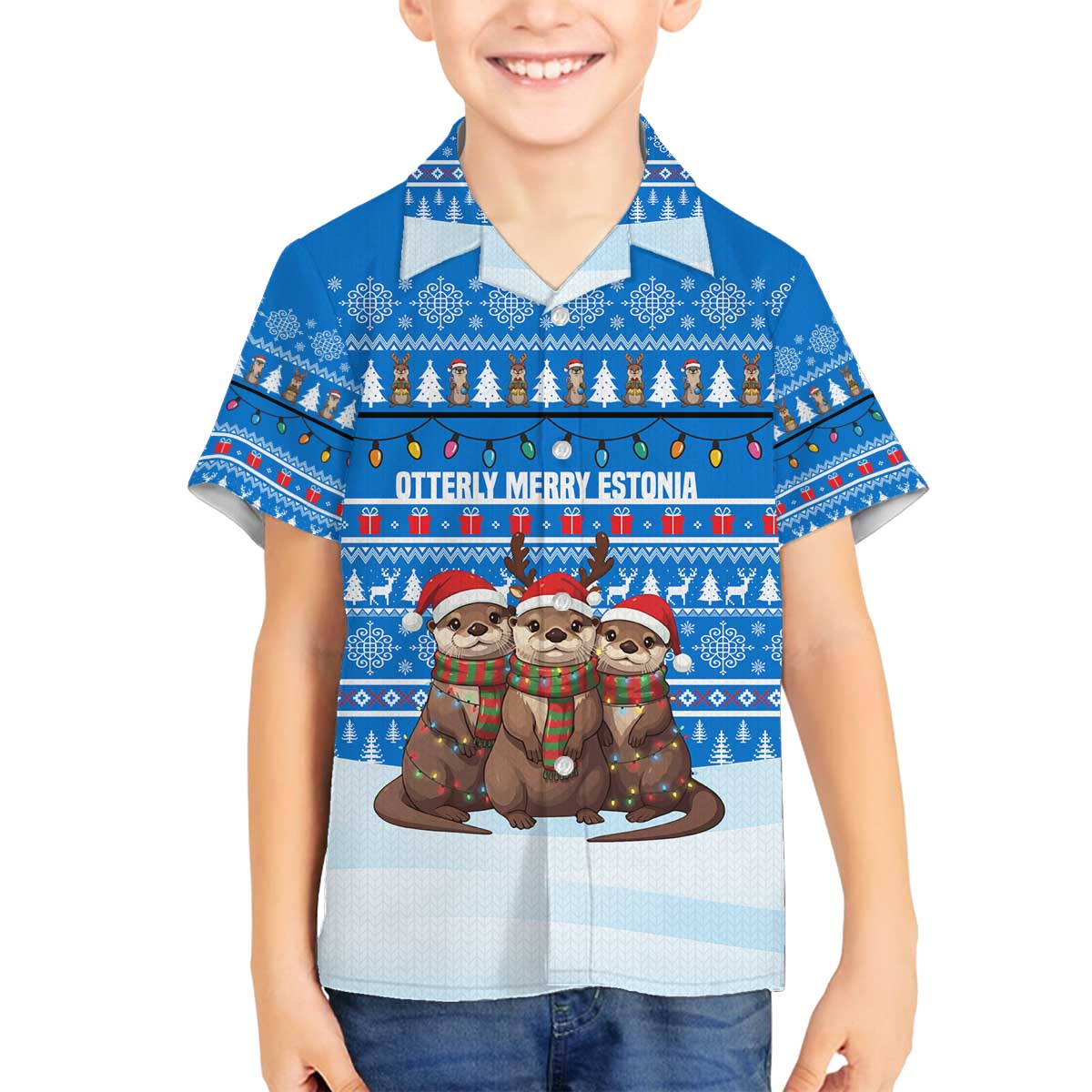 Estonia Christmas Family Matching Off The Shoulder Long Sleeve Dress and Hawaiian Shirt with Santa Otters Lights Snowflakes and National Emblem on Blue Pattern - Wonder Print Shop