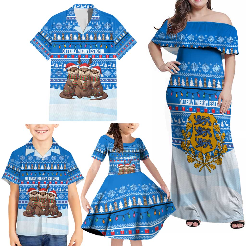 Estonia Christmas Family Matching Off Shoulder Maxi Dress and Hawaiian Shirt with Santa Otters Lights Snowflakes and National Emblem on Blue Pattern - Wonder Print Shop