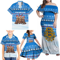Estonia Christmas Family Matching Off Shoulder Maxi Dress and Hawaiian Shirt with Santa Otters Lights Snowflakes and National Emblem on Blue Pattern - Wonder Print Shop