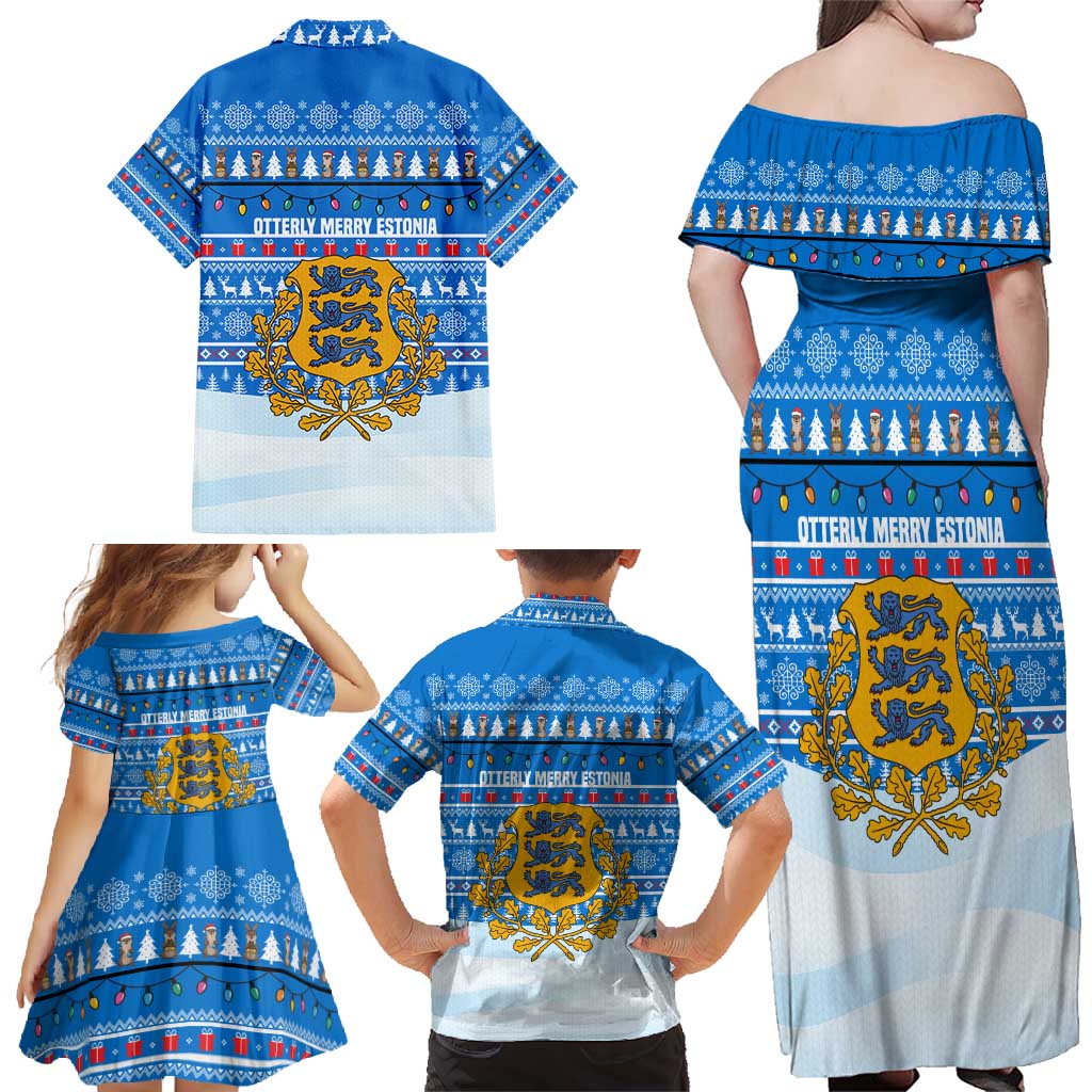 Estonia Christmas Family Matching Off Shoulder Maxi Dress and Hawaiian Shirt with Santa Otters Lights Snowflakes and National Emblem on Blue Pattern - Wonder Print Shop