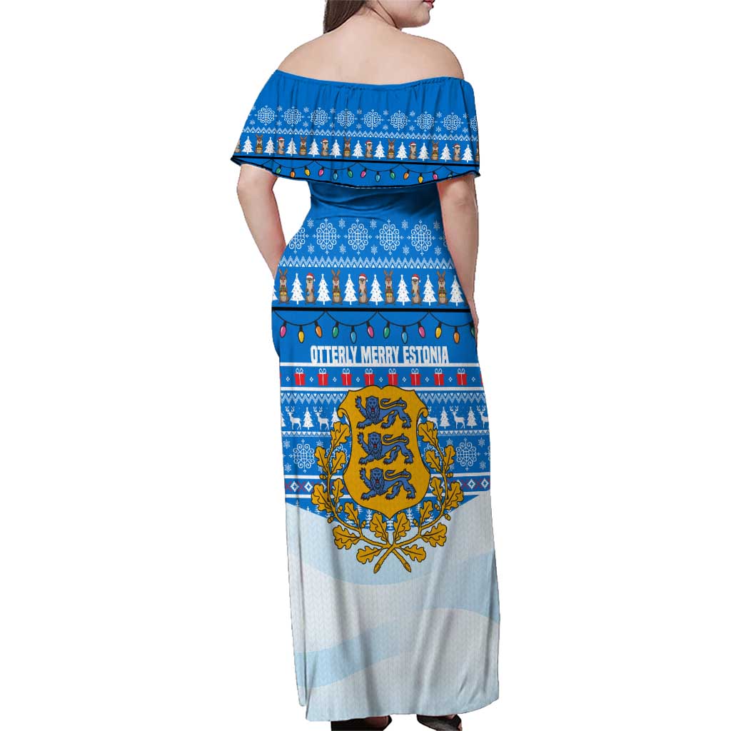 Estonia Christmas Family Matching Off Shoulder Maxi Dress and Hawaiian Shirt with Santa Otters Lights Snowflakes and National Emblem on Blue Pattern - Wonder Print Shop