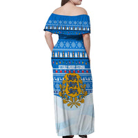 Estonia Christmas Family Matching Off Shoulder Maxi Dress and Hawaiian Shirt with Santa Otters Lights Snowflakes and National Emblem on Blue Pattern - Wonder Print Shop
