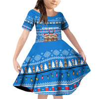 Estonia Christmas Family Matching Off Shoulder Short Dress and Hawaiian Shirt with Santa Otters Lights Snowflakes and National Emblem on Blue Pattern - Wonder Print Shop