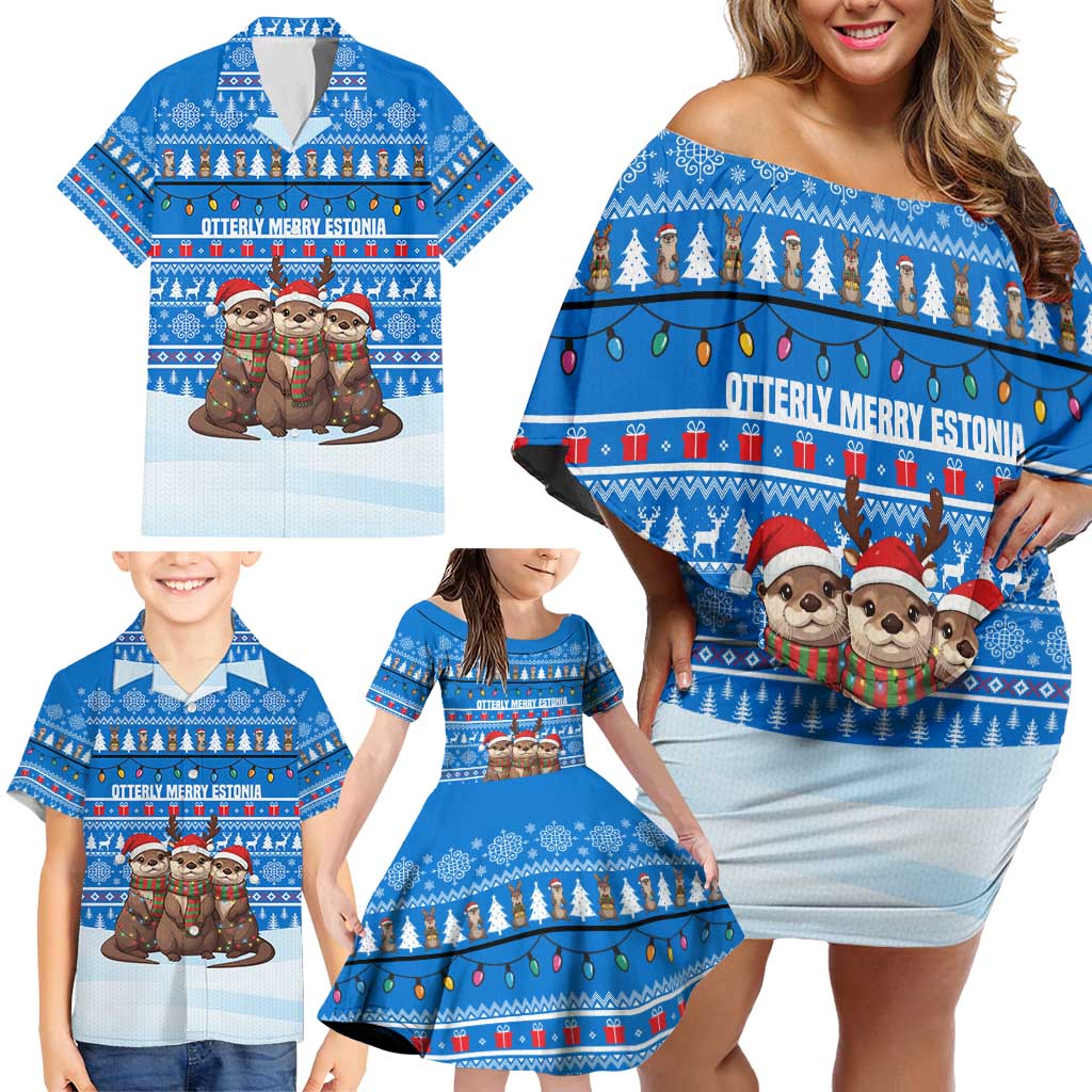 Estonia Christmas Family Matching Off Shoulder Short Dress and Hawaiian Shirt with Santa Otters Lights Snowflakes and National Emblem on Blue Pattern - Wonder Print Shop