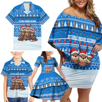 Estonia Christmas Family Matching Off Shoulder Short Dress and Hawaiian Shirt with Santa Otters Lights Snowflakes and National Emblem on Blue Pattern - Wonder Print Shop