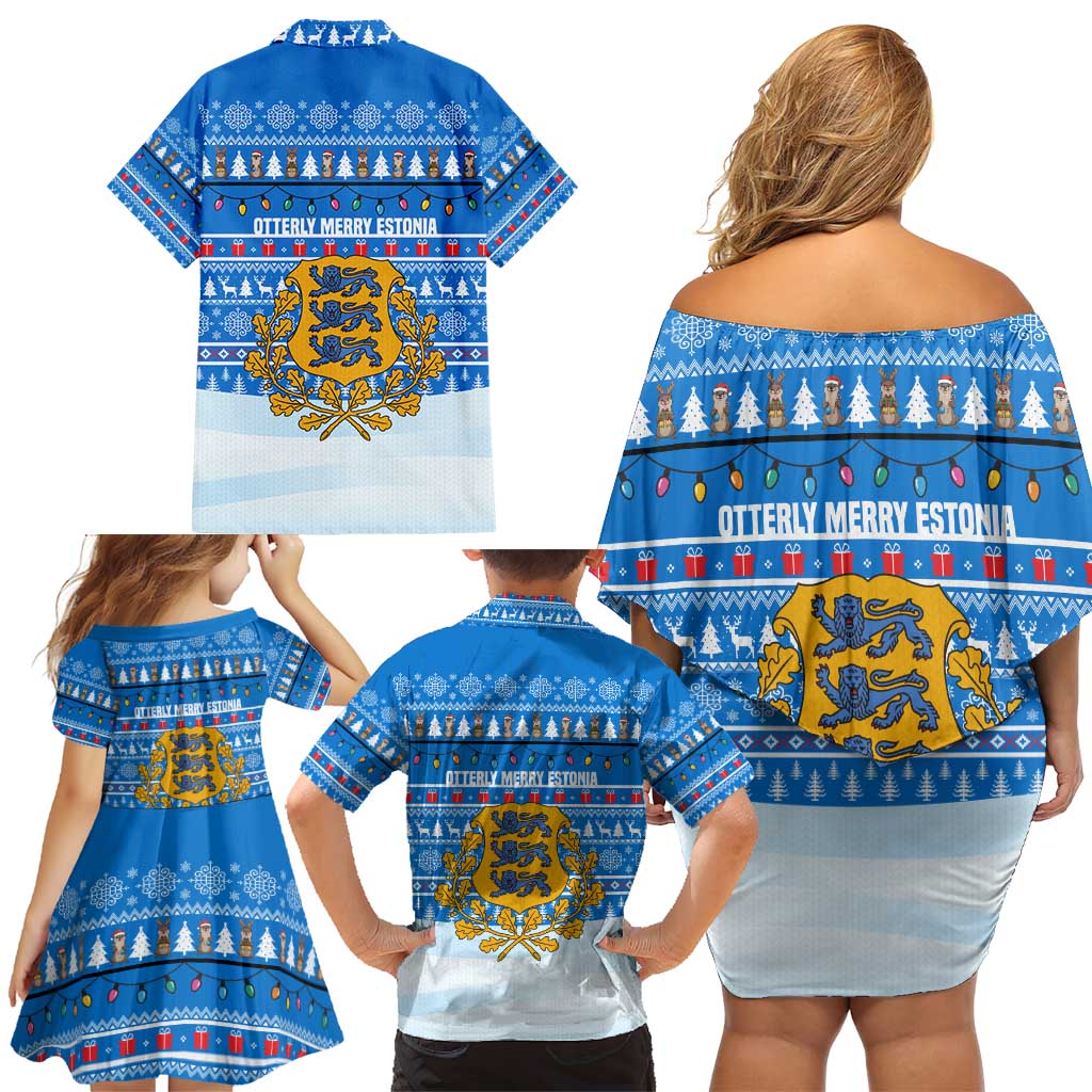 Estonia Christmas Family Matching Off Shoulder Short Dress and Hawaiian Shirt with Santa Otters Lights Snowflakes and National Emblem on Blue Pattern - Wonder Print Shop