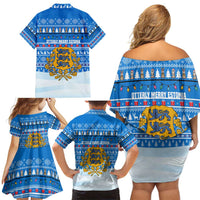 Estonia Christmas Family Matching Off Shoulder Short Dress and Hawaiian Shirt with Santa Otters Lights Snowflakes and National Emblem on Blue Pattern - Wonder Print Shop