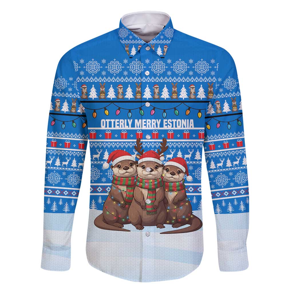 Estonia Christmas Family Matching Off Shoulder Short Dress and Hawaiian Shirt with Santa Otters Lights Snowflakes and National Emblem on Blue Pattern - Wonder Print Shop