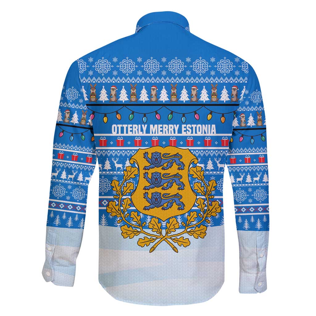 Estonia Christmas Family Matching Off Shoulder Short Dress and Hawaiian Shirt with Santa Otters Lights Snowflakes and National Emblem on Blue Pattern - Wonder Print Shop