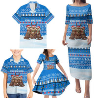 Estonia Christmas Family Matching Puletasi and Hawaiian Shirt with Santa Otters Lights Snowflakes and National Emblem on Blue Pattern - Wonder Print Shop