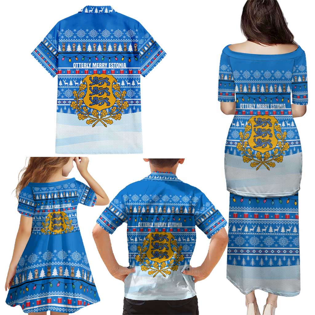 Estonia Christmas Family Matching Puletasi and Hawaiian Shirt with Santa Otters Lights Snowflakes and National Emblem on Blue Pattern - Wonder Print Shop