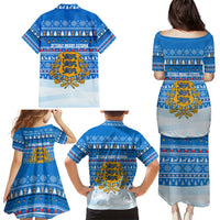 Estonia Christmas Family Matching Puletasi and Hawaiian Shirt with Santa Otters Lights Snowflakes and National Emblem on Blue Pattern - Wonder Print Shop