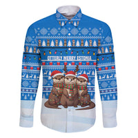 Estonia Christmas Family Matching Puletasi and Hawaiian Shirt with Santa Otters Lights Snowflakes and National Emblem on Blue Pattern - Wonder Print Shop
