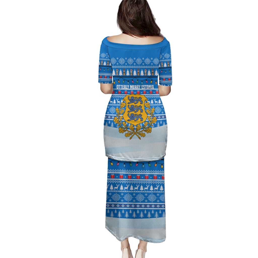 Estonia Christmas Family Matching Puletasi and Hawaiian Shirt with Santa Otters Lights Snowflakes and National Emblem on Blue Pattern - Wonder Print Shop