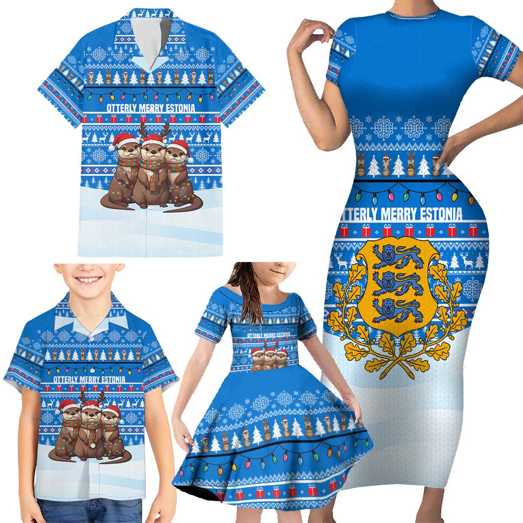Estonia Christmas Family Matching Short Sleeve Bodycon Dress and Hawaiian Shirt with Santa Otters Lights Snowflakes and National Emblem on Blue Pattern - Wonder Print Shop
