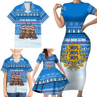 Estonia Christmas Family Matching Short Sleeve Bodycon Dress and Hawaiian Shirt with Santa Otters Lights Snowflakes and National Emblem on Blue Pattern - Wonder Print Shop
