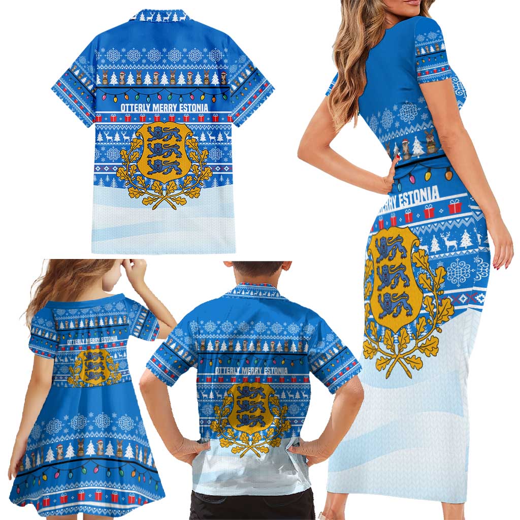 Estonia Christmas Family Matching Short Sleeve Bodycon Dress and Hawaiian Shirt with Santa Otters Lights Snowflakes and National Emblem on Blue Pattern - Wonder Print Shop