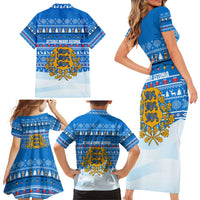Estonia Christmas Family Matching Short Sleeve Bodycon Dress and Hawaiian Shirt with Santa Otters Lights Snowflakes and National Emblem on Blue Pattern - Wonder Print Shop