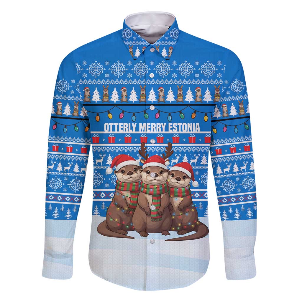 Estonia Christmas Family Matching Short Sleeve Bodycon Dress and Hawaiian Shirt with Santa Otters Lights Snowflakes and National Emblem on Blue Pattern - Wonder Print Shop