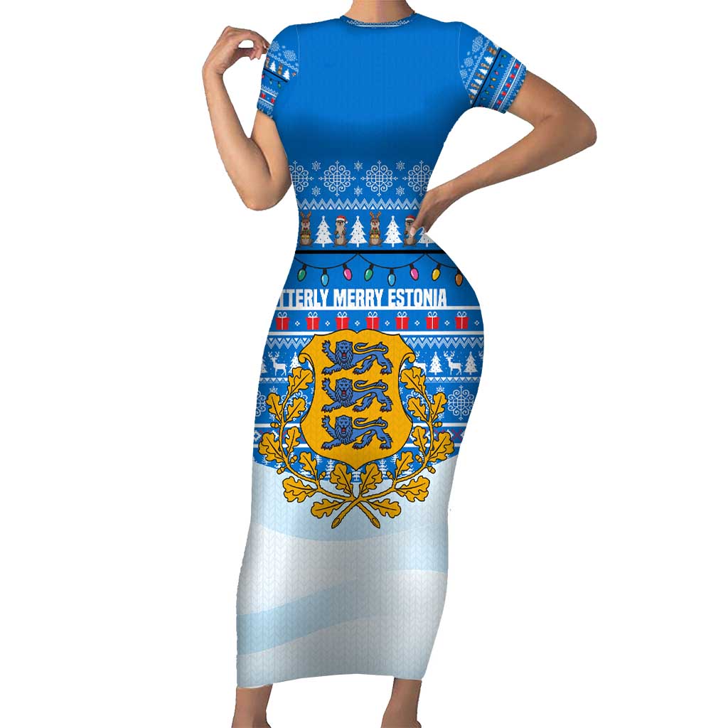 Estonia Christmas Family Matching Short Sleeve Bodycon Dress and Hawaiian Shirt with Santa Otters Lights Snowflakes and National Emblem on Blue Pattern - Wonder Print Shop