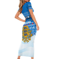 Estonia Christmas Family Matching Short Sleeve Bodycon Dress and Hawaiian Shirt with Santa Otters Lights Snowflakes and National Emblem on Blue Pattern - Wonder Print Shop